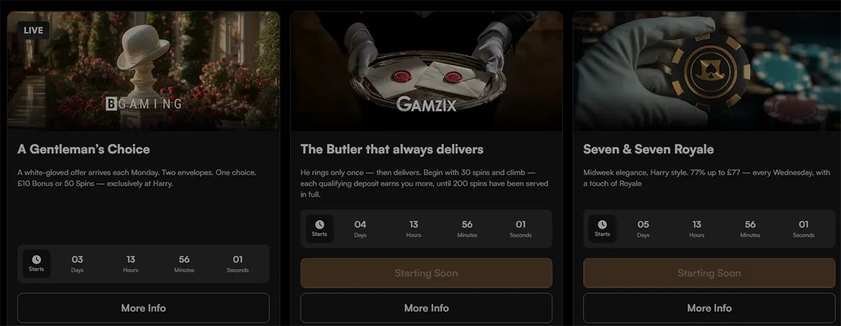 Premium casino promotion cards featuring “A Gentleman’s Choice,” “The Butler that always delivers,” and “Seven & Seven Royale,” with dark luxury visuals, countdown timers, and “More Info” buttons.