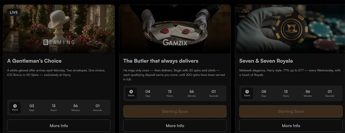 Premium casino promotion cards featuring “A Gentleman’s Choice,” “The Butler that always delivers,” and “Seven & Seven Royale,” with dark luxury visuals, countdown timers, and “More Info” buttons.