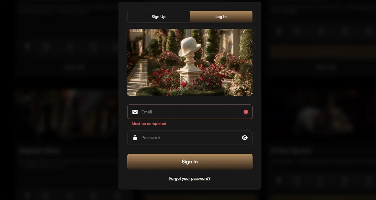 Casino login popup with sign-up and log-in tabs, a luxury garden banner image, email and password fields, a gold “Sign In” button, and a forgot password link on a dark background.