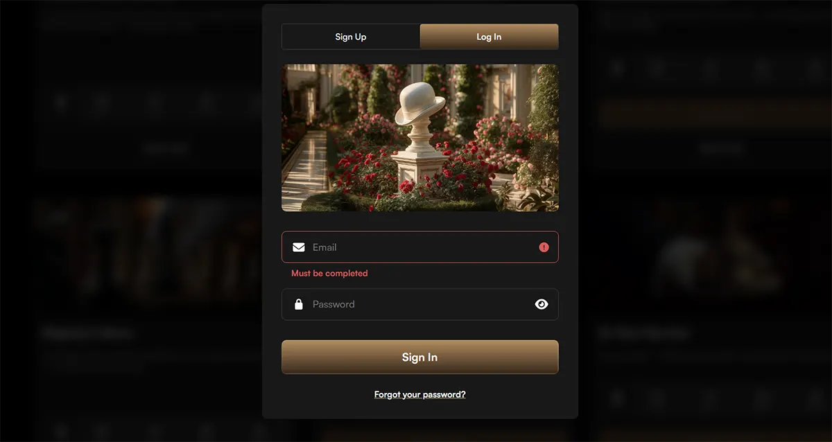 Casino login popup with sign-up and log-in tabs, a luxury garden banner image, email and password fields, a gold “Sign In” button, and a forgot password link on a dark background.